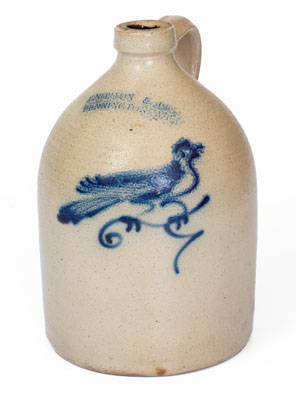 J. NORTON & CO. / BENNINGTON, VT Stoneware Jug w/ Slip-Trailed Bird Decoration