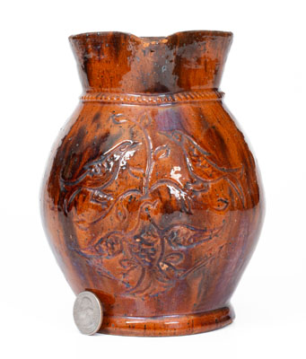 Redware Pitcher w/ Incised Eagle and Birds, attrib. Jacob Medinger, Montgomery County, PA