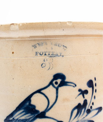 3 Gal. WEST TROY / NY / POTTERY Stoneware Crock w/ Bird Decoration