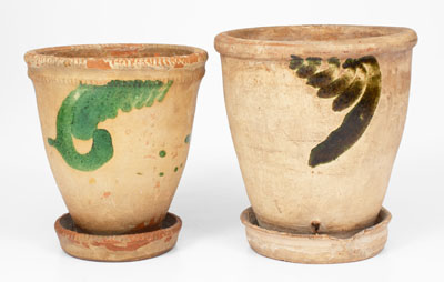 Two Copper-Decorated Redware Flowerpots, att. Bell Pottery, Strasburg, Virginia