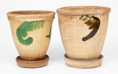 Two Copper-Decorated Redware Flowerpots, att. Bell Pottery, Strasburg, Virginia