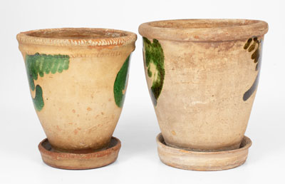 Two Copper-Decorated Redware Flowerpots, att. Bell Pottery, Strasburg, Virginia