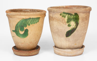 Two Copper-Decorated Redware Flowerpots, att. Bell Pottery, Strasburg, Virginia