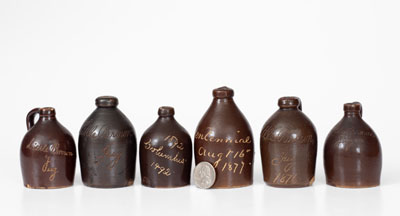 Lot of Six: Bennington, VT Stoneware Little Brown Jugs w/ Various Inscriptions