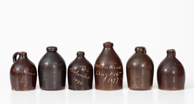 Lot of Six: Bennington, VT Stoneware Little Brown Jugs w/ Various Inscriptions