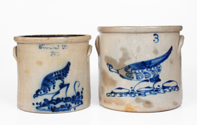 Lot of Two: Stoneware Crocks with Elaborate Pecking Chicken Decorations