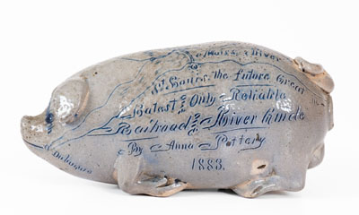 Salt-Glazed Stoneware Railroad and River Guide Pig Flask, By Anna Pottery / 1883