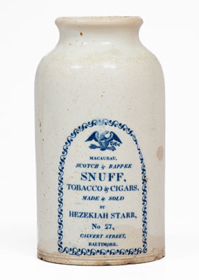 Very Rare CLEWS'S MANUFACTURER'S Snuff Jar for Baltimore Merchant Hezekiah Starr, c1812