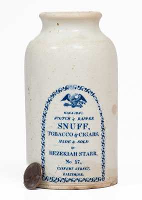 Very Rare CLEWS S MANUFACTURER S Snuff Jar for Baltimore Merchant Hezekiah Starr, c1812