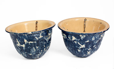 Matched Pair of Blue Spongeware Hanging Baskets