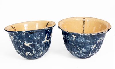 Matched Pair of Blue Spongeware Hanging Baskets