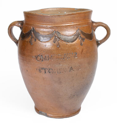 Scarce COMMERAW S STONEWARE / N. YORK Vertical-Handled Stoneware Jar, Thomas W. Commeraw