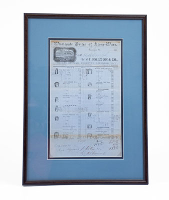 Framed Stoneware Price List, J. NORTON & CO., BENNINGTON, VT, July 6th, 1861