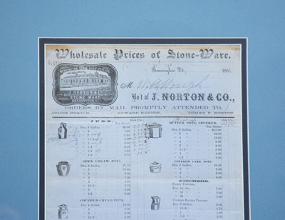 Framed Stoneware Price List, J. NORTON & CO., BENNINGTON, VT, July 6th, 1861