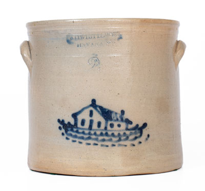 A.O. WHITTEMORE / HAVANA, NY Stoneware Crock w/ Cobalt House Decoration, c1870