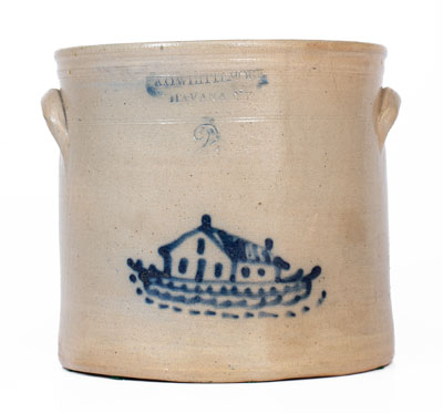 A.O. WHITTEMORE / HAVANA, NY Stoneware Crock w/ Cobalt House Decoration, c1870