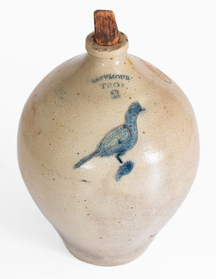 I. SEYMOUR / TROY, New York Stoneware Jug w/ Incised Bird Decoration, c1830