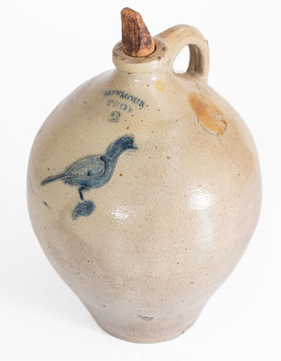 I. SEYMOUR / TROY, New York Stoneware Jug w/ Incised Bird Decoration, c1830