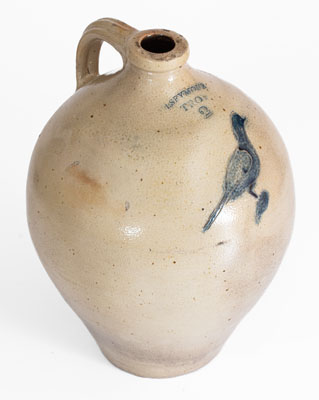 I. SEYMOUR / TROY, New York Stoneware Jug w/ Incised Bird Decoration, c1830