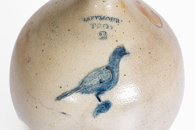 I. SEYMOUR / TROY, New York Stoneware Jug w/ Incised Bird Decoration, c1830