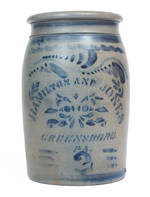 Two-Gallon HAMILTON & JONES / GREENSBORO, PA Cobalt-Decorated Stoneware Jar