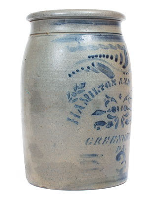 Two-Gallon HAMILTON & JONES / GREENSBORO, PA Cobalt-Decorated Stoneware Jar