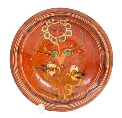 Scarce Eastern PA Redware Dish w/ Elaborate Three-Color Slip Floral Decoration, Dated 1825