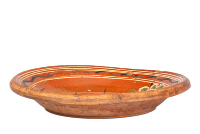 Scarce Eastern PA Redware Dish w/ Elaborate Three-Color Slip Floral Decoration, Dated 1825