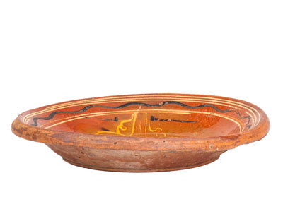 Scarce Eastern PA Redware Dish w/ Elaborate Three-Color Slip Floral Decoration, Dated 1825