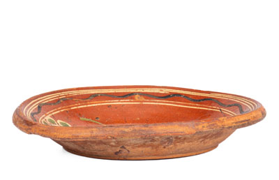 Scarce Eastern PA Redware Dish w/ Elaborate Three-Color Slip Floral Decoration, Dated 1825