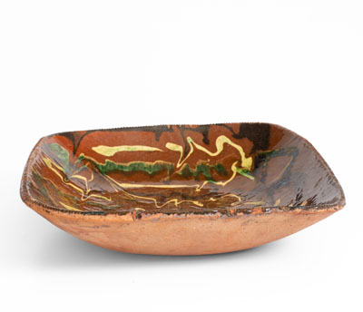 Rare and Fine Norwalk, Connecticut Redware Loaf Dish w/ Three-Color Marbled Slip Decoration