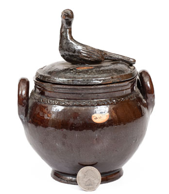 Scarce Lidded Redware Sugar Bowl w/ Bird Finial, attrib. Anthony Bacher, Adams County, PA, c1855