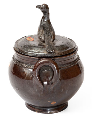 Scarce Lidded Redware Sugar Bowl w/ Bird Finial, attrib. Anthony Bacher, Adams County, PA, c1855