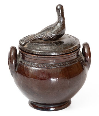 Scarce Lidded Redware Sugar Bowl w/ Bird Finial, attrib. Anthony Bacher, Adams County, PA, c1855