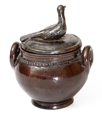 Scarce Lidded Redware Sugar Bowl w/ Bird Finial, attrib. Anthony Bacher, Adams County, PA, c1855