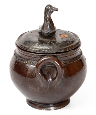 Scarce Lidded Redware Sugar Bowl w/ Bird Finial, attrib. Anthony Bacher, Adams County, PA, c1855