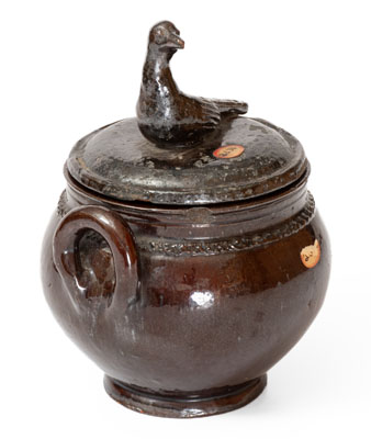 Scarce Lidded Redware Sugar Bowl w/ Bird Finial, attrib. Anthony Bacher, Adams County, PA, c1855