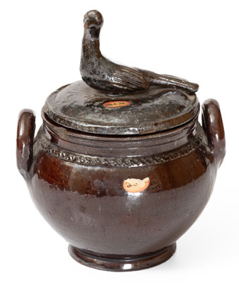 Scarce Lidded Redware Sugar Bowl w/ Bird Finial, attrib. Anthony Bacher, Adams County, PA, c1855