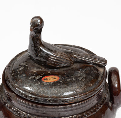 Scarce Lidded Redware Sugar Bowl w/ Bird Finial, attrib. Anthony Bacher, Adams County, PA, c1855