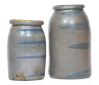 Two Stripe-Decorated Stoneware Canning Jars, Western PA origin, circa 1880