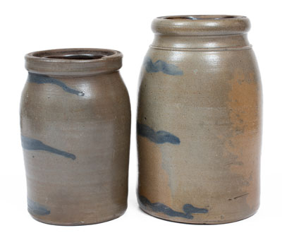 Two Western PA / West Virginia Stoneware Striped Canning Jars