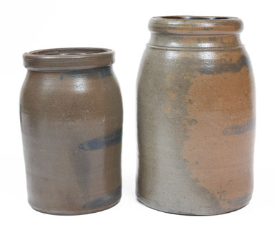 Two Western PA / West Virginia Stoneware Striped Canning Jars