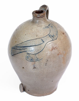 Fine Small-Sized Early Stoneware Jug w/ Large Incised Bird Decoration, probably Connecticut