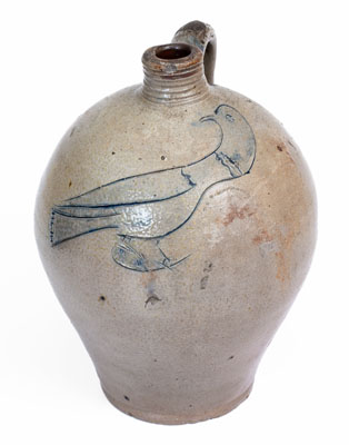 Fine Small-Sized Early Stoneware Jug w/ Large Incised Bird Decoration, probably Connecticut