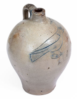 Fine Small-Sized Early Stoneware Jug w/ Large Incised Bird Decoration, probably Connecticut