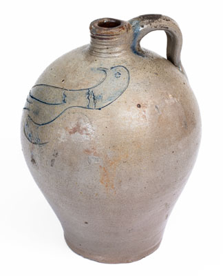 Fine Small-Sized Early Stoneware Jug w/ Large Incised Bird Decoration, probably Connecticut