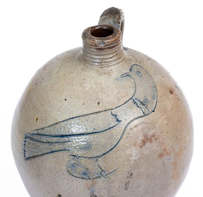 Fine Small-Sized Early Stoneware Jug w/ Large Incised Bird Decoration, probably Connecticut