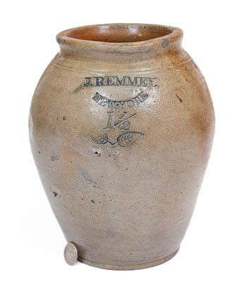 Extremely Rare J. REMMEY / NEW-YORK Stoneware Jar w/ Incised and Impressed Foliate Decorations