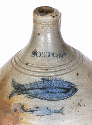 Exceptional Large-Sized BOSTON Stoneware Jug w/ Impressed Double-Fish Decoration, late 18th century