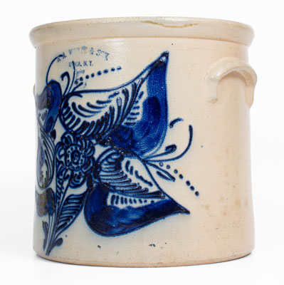 Five-Gallon N.A. WHITE & SON, / UTICA, N.Y. Stoneware Crock w/ Elaborate Cobalt Floral Decoration